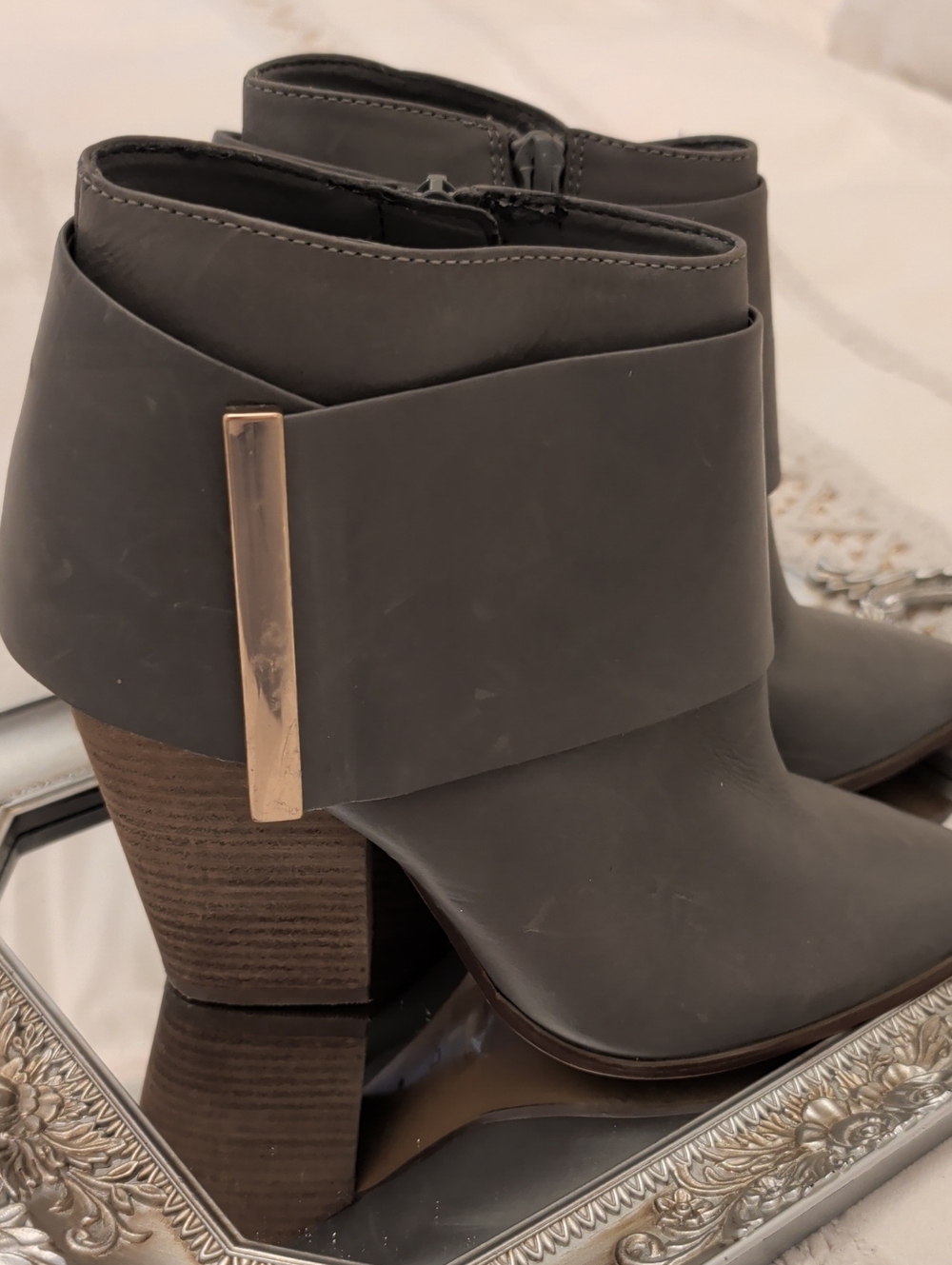 Aldo Grey Leather Ankle Booties with Gold Accent